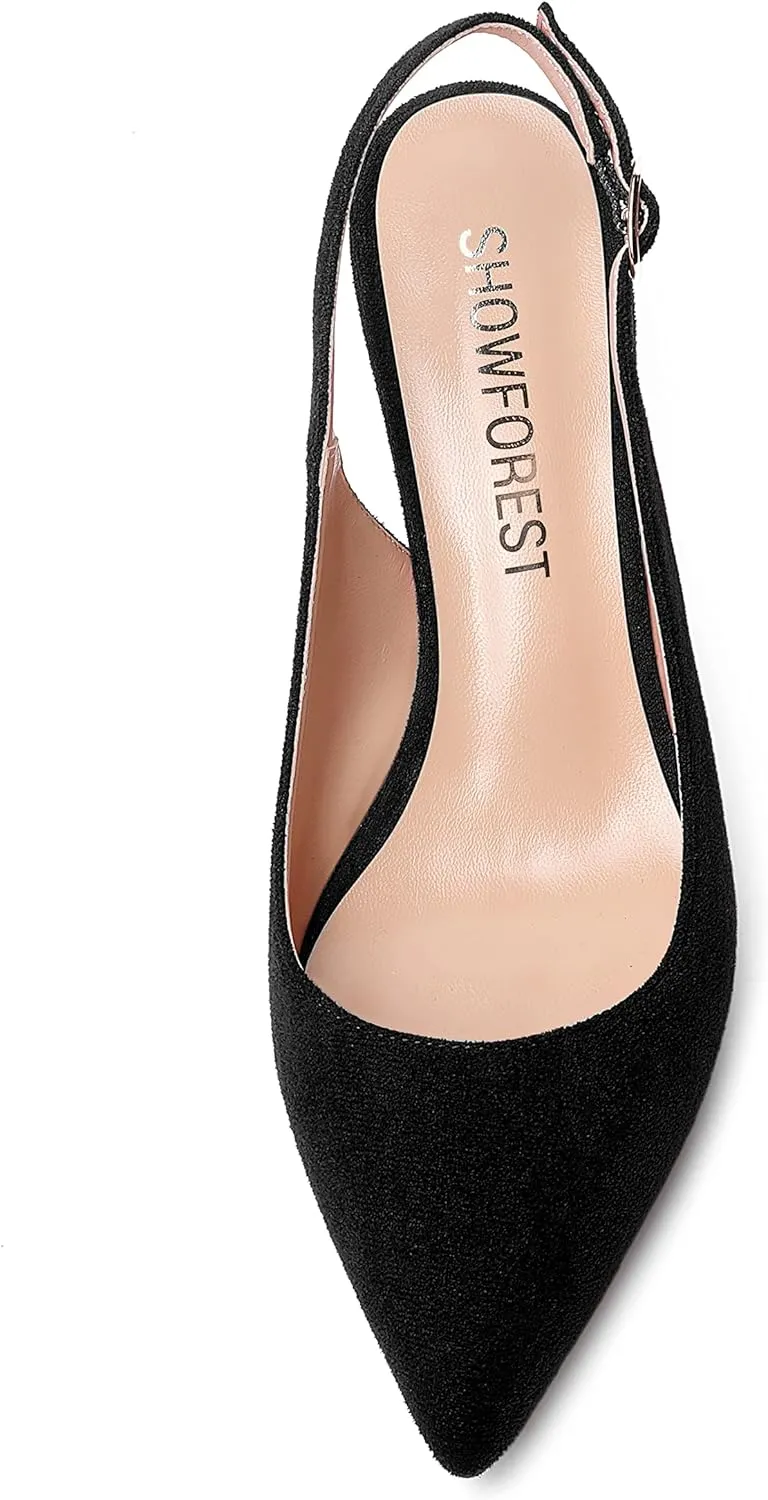 SHOWFOREST Womens Pointed Toe Sexy Suede Buckle Solid Slingback Wedding Kitten Low Heel Pumps Shoes 2 Inch