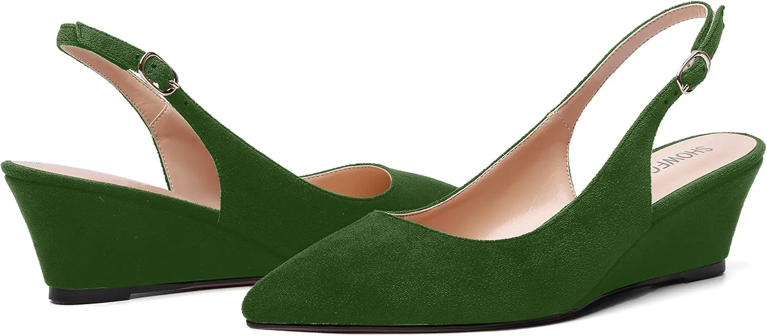 SHOWFOREST Womens Solid Adjustable Strap Suede Dress Buckle Dating Pointed Toe Wedge Low Heel Pumps Shoes 2 Inch