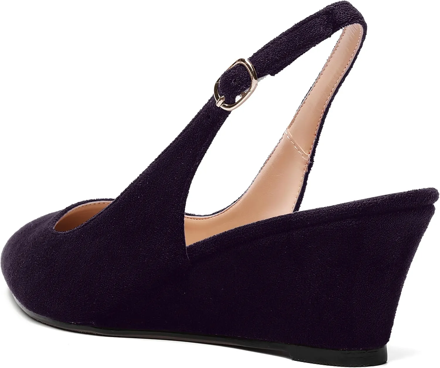 SHOWFOREST Womens Solid Adjustable Strap Suede Dress Buckle Dating Pointed Toe Wedge Low Heel Pumps Shoes 2 Inch