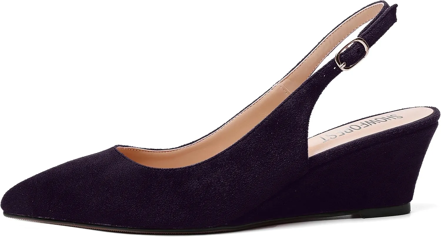 SHOWFOREST Womens Solid Adjustable Strap Suede Dress Buckle Dating Pointed Toe Wedge Low Heel Pumps Shoes 2 Inch