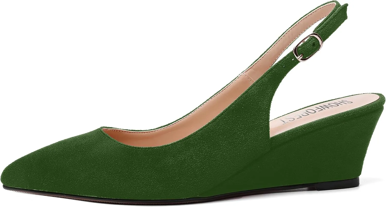 SHOWFOREST Womens Solid Adjustable Strap Suede Dress Buckle Dating Pointed Toe Wedge Low Heel Pumps Shoes 2 Inch