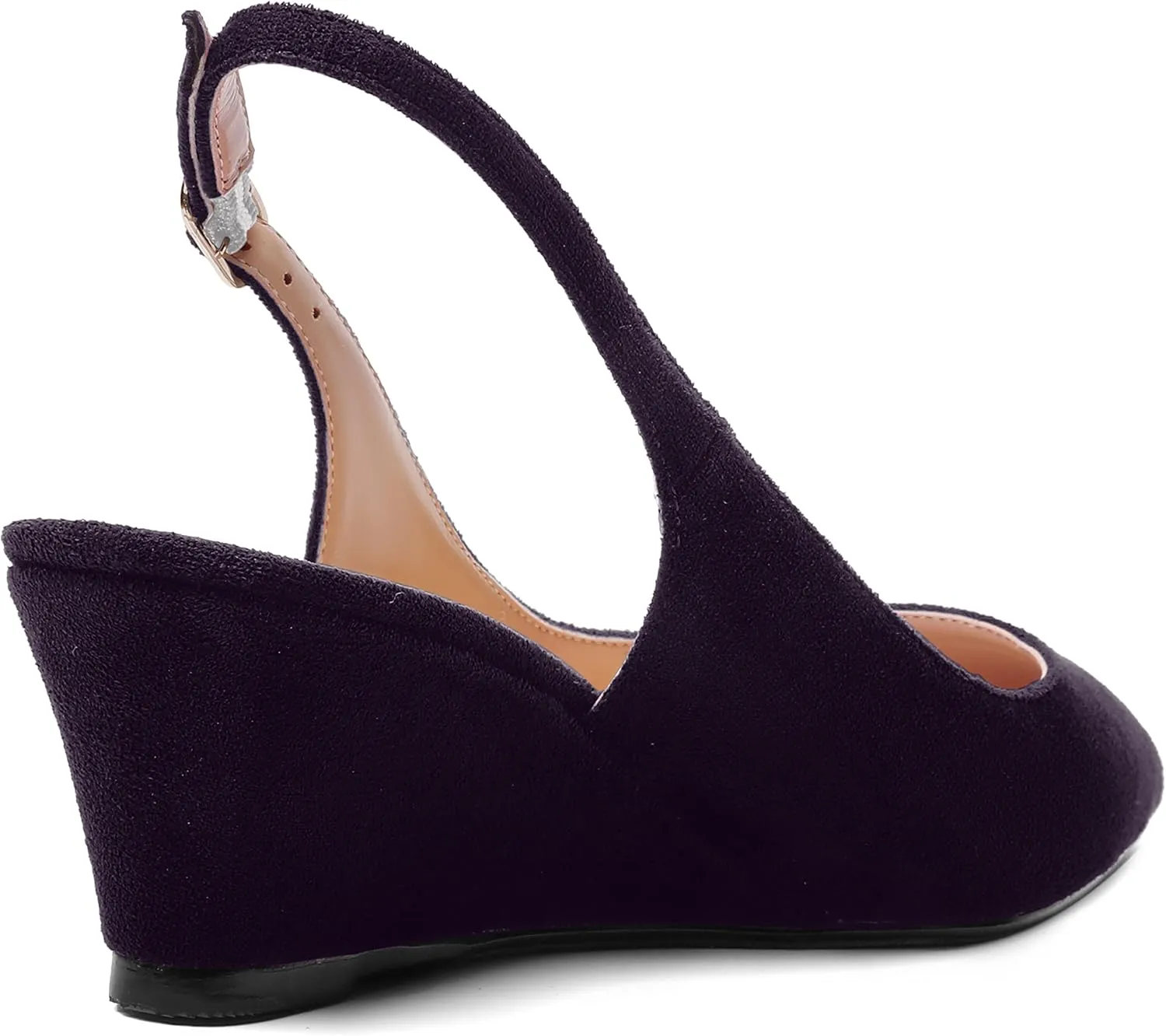 SHOWFOREST Womens Solid Adjustable Strap Suede Dress Buckle Dating Pointed Toe Wedge Low Heel Pumps Shoes 2 Inch
