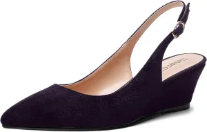 SHOWFOREST Womens Solid Adjustable Strap Suede Dress Buckle Dating Pointed Toe Wedge Low Heel Pumps Shoes 2 Inch