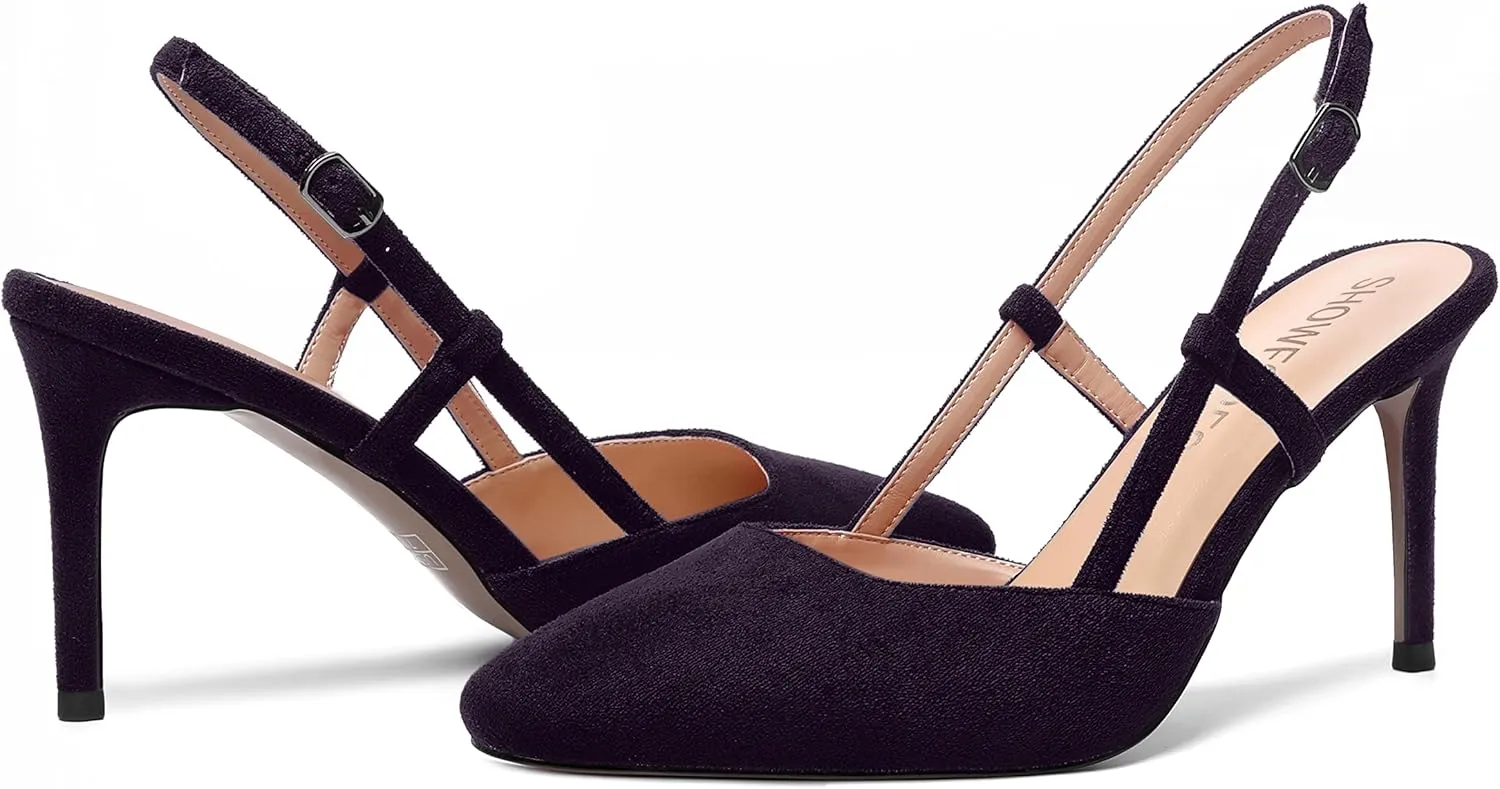 SHOWFOREST Womens Suede Buckle Bridal Square Toe Slingback Solid Dress Stiletto High Heel Pumps Shoes 3.3 Inch