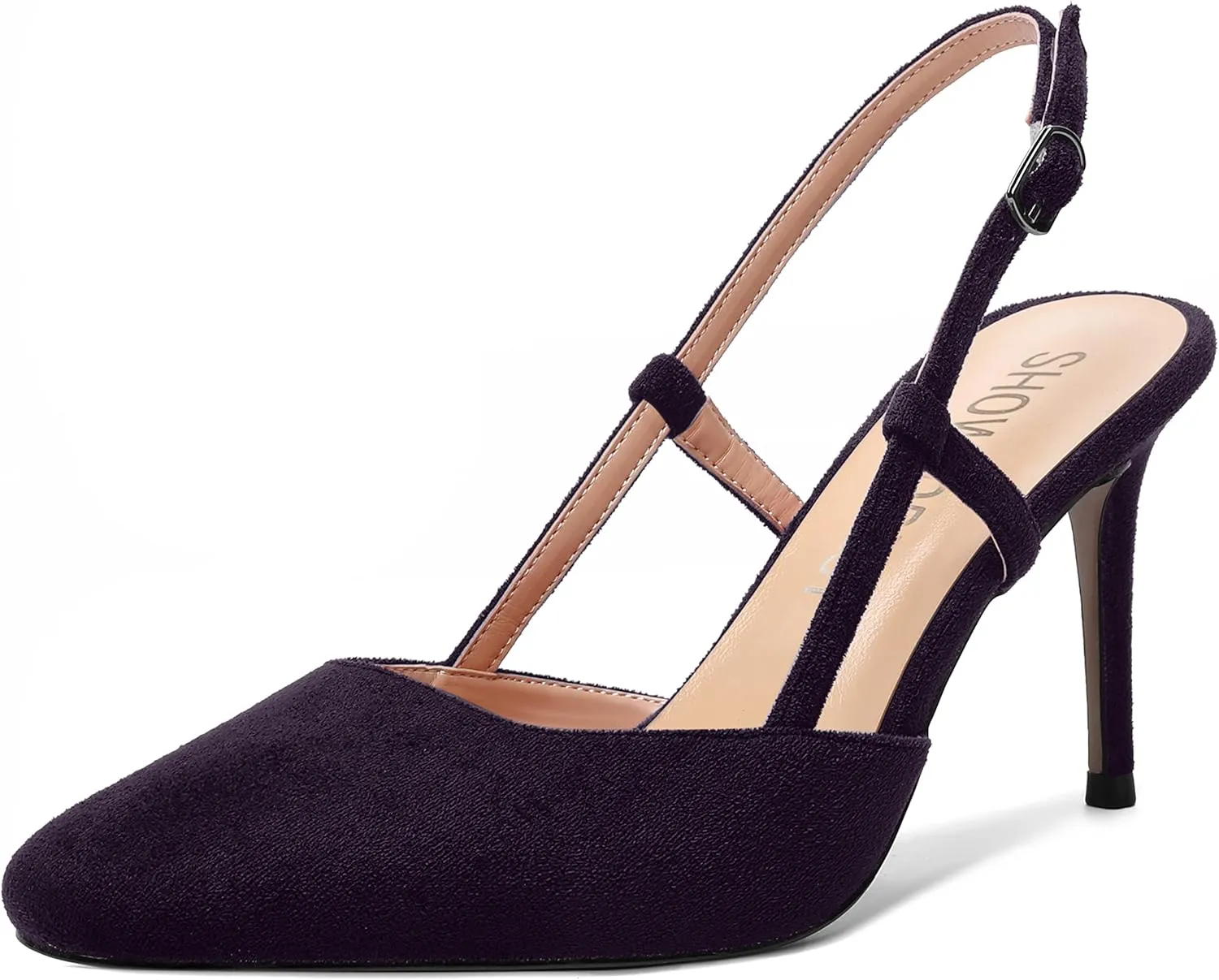 SHOWFOREST Womens Suede Buckle Bridal Square Toe Slingback Solid Dress Stiletto High Heel Pumps Shoes 3.3 Inch