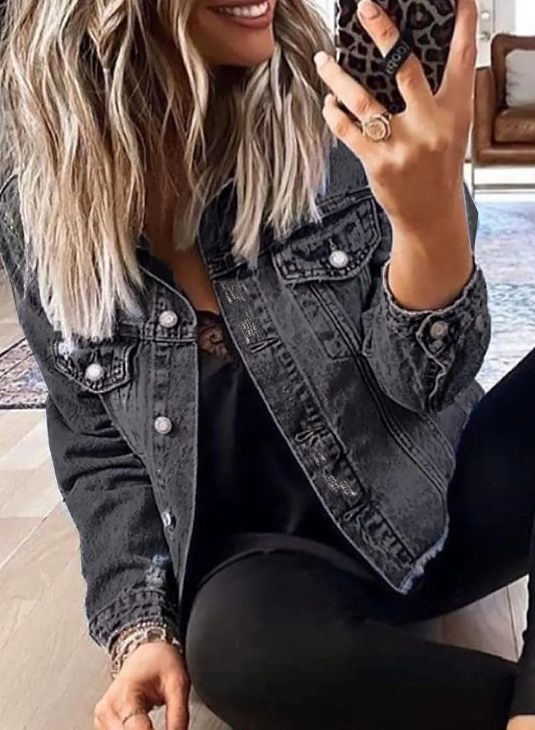 Sidefeel Women's Denim Jacket Long Sleeve Button Distressed Ripped Zimbaplatinum Jean Coat