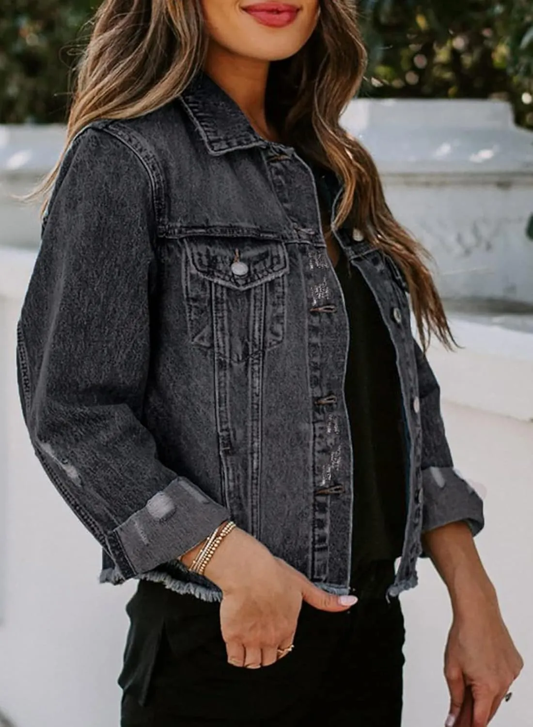 Sidefeel Women's Denim Jacket Long Sleeve Button Distressed Ripped Zimbaplatinum Jean Coat