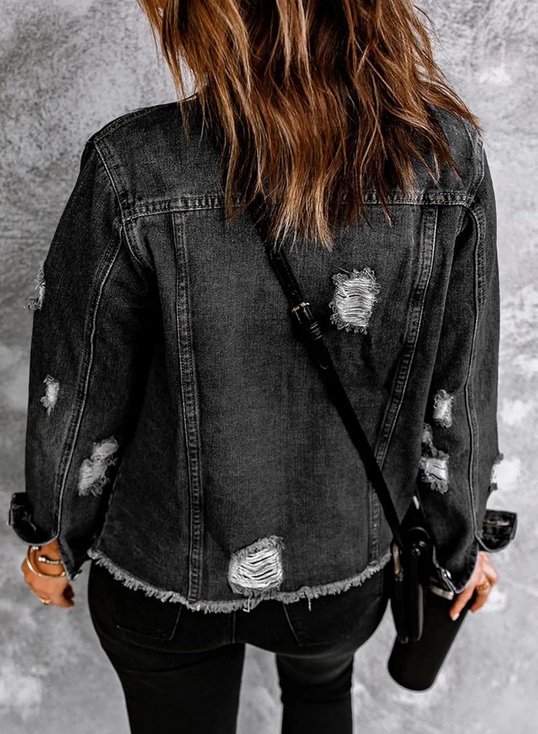 Sidefeel Women's Denim Jacket Long Sleeve Button Distressed Ripped Zimbaplatinum Jean Coat