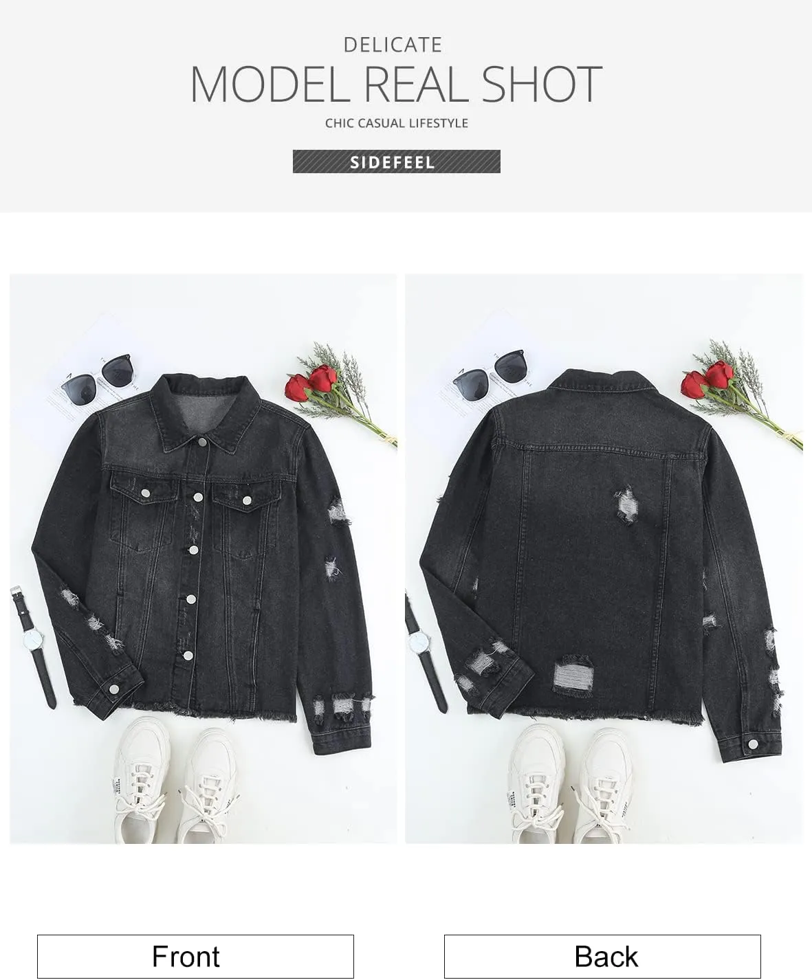 Sidefeel Women's Denim Jacket Long Sleeve Button Distressed Ripped Zimbaplatinum Jean Coat