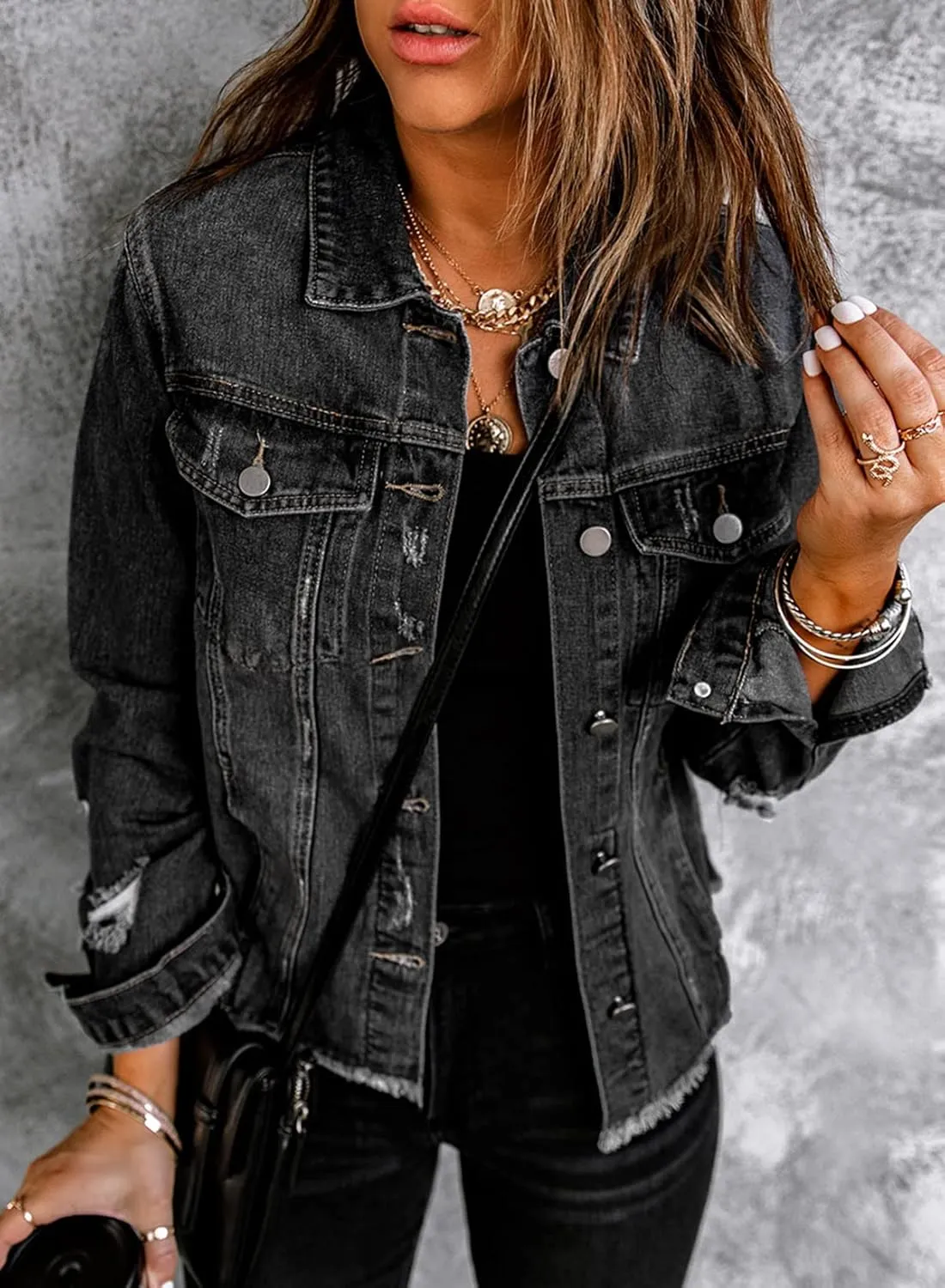 Sidefeel Women's Denim Jacket Long Sleeve Button Distressed Ripped Zimbaplatinum Jean Coat