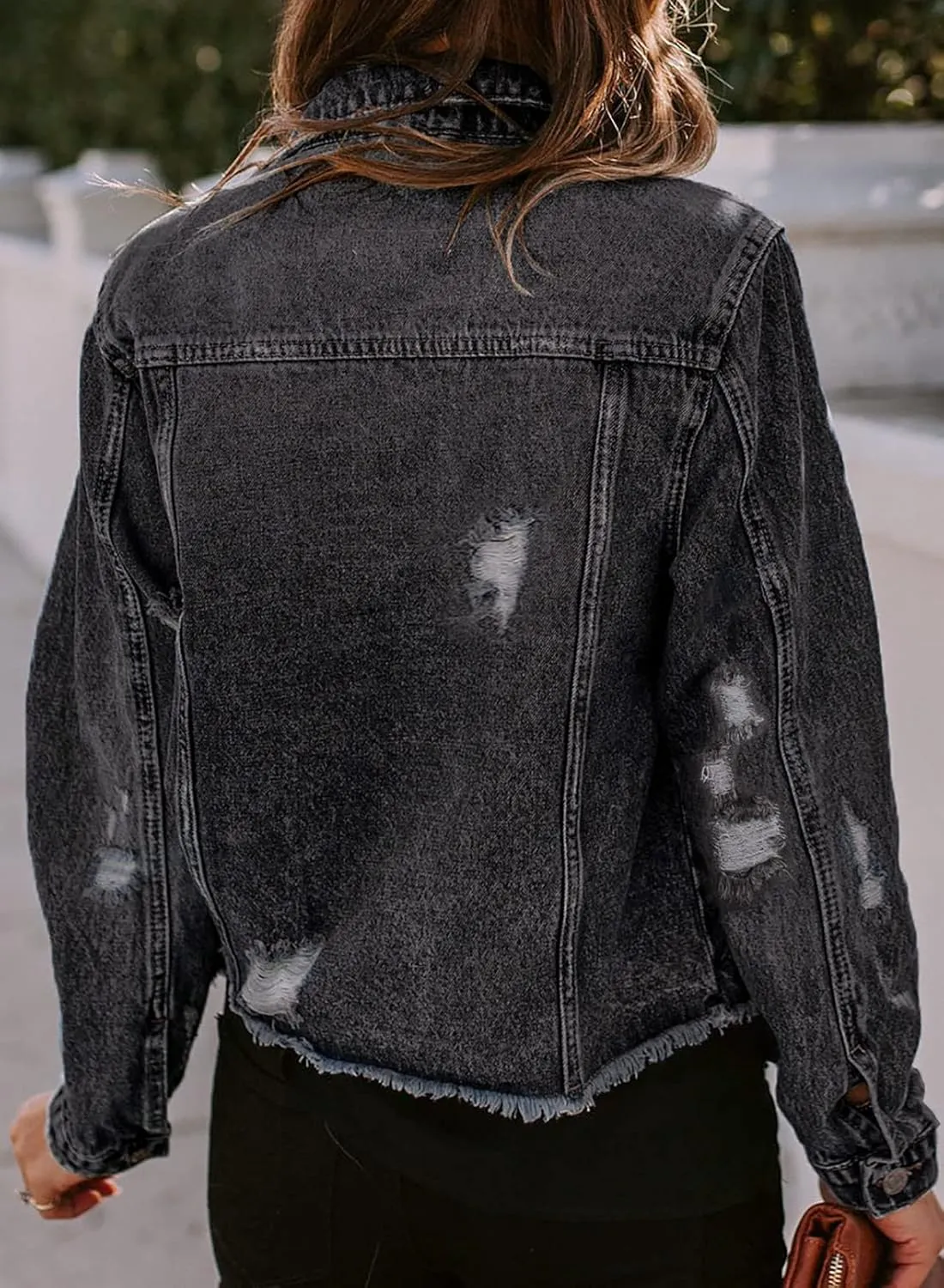 Sidefeel Women's Denim Jacket Long Sleeve Button Distressed Ripped Zimbaplatinum Jean Coat