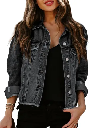 Sidefeel Women's Denim Jacket Long Sleeve Button Distressed Ripped Zimbaplatinum Jean Coat