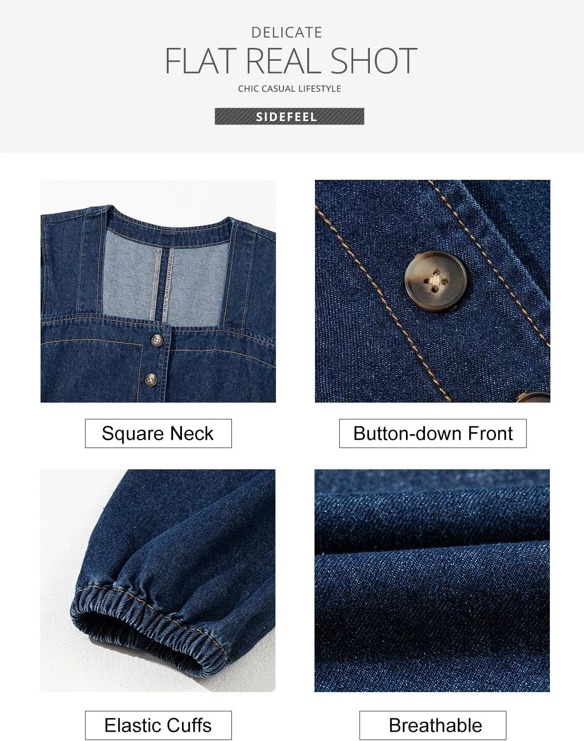 Sidefeel Women's Spring Outfit Denim Dress 3/4 Sleeve Loose Fit Square Neck Summer Jean Dresses with Pockets
