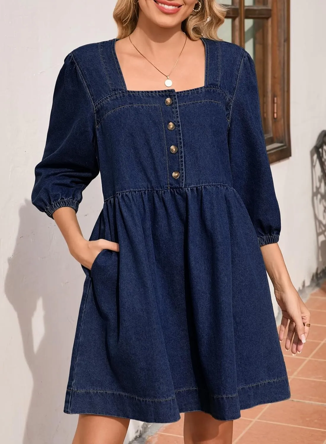Sidefeel Women's Spring Outfit Denim Dress 3/4 Sleeve Loose Fit Square Neck Summer Jean Dresses with Pockets
