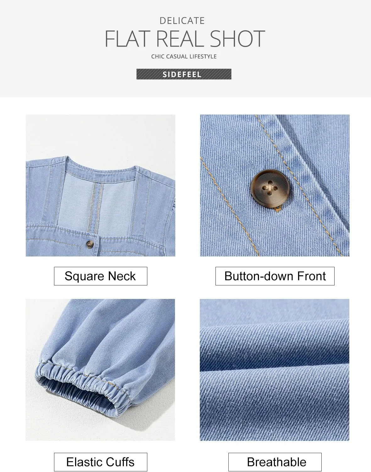 Sidefeel Women's Spring Outfit Denim Dress 3/4 Sleeve Loose Fit Square Neck Summer Jean Dresses with Pockets