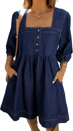 Sidefeel Women's Spring Outfit Denim Dress 3/4 Sleeve Loose Fit Square Neck Summer Jean Dresses with Pockets