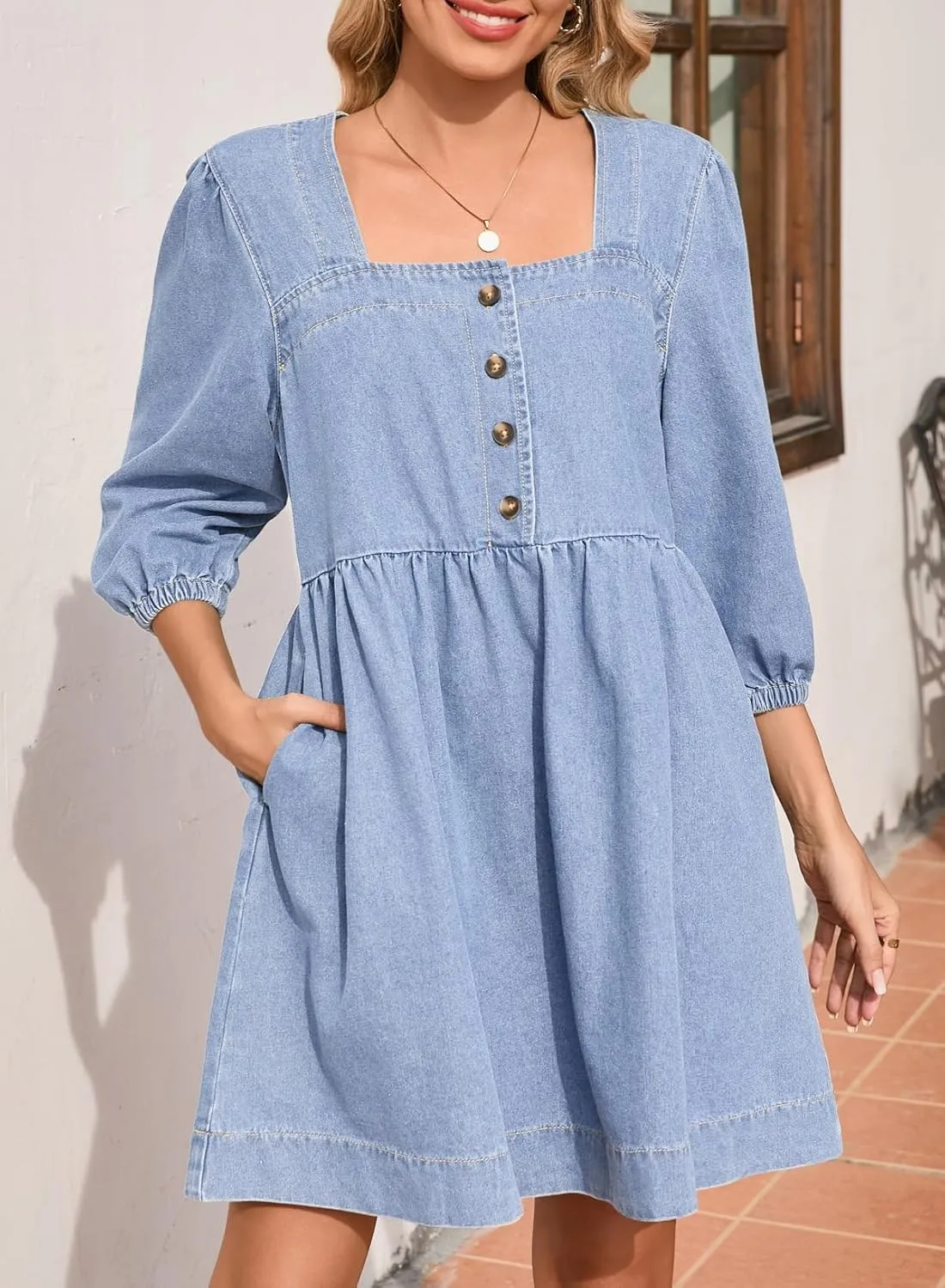Sidefeel Women's Spring Outfit Denim Dress 3/4 Sleeve Loose Fit Square Neck Summer Jean Dresses with Pockets