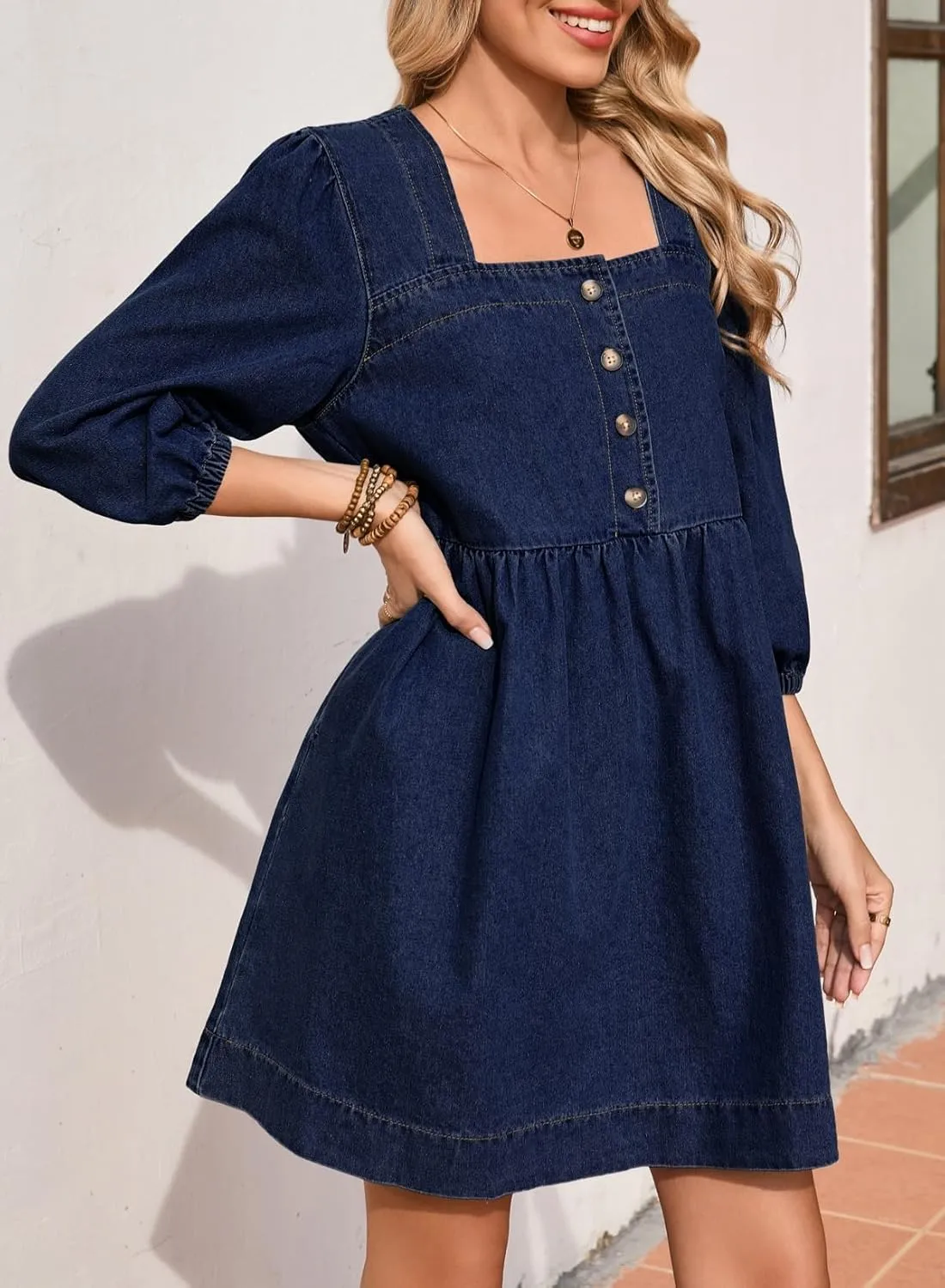 Sidefeel Women's Spring Outfit Denim Dress 3/4 Sleeve Loose Fit Square Neck Summer Jean Dresses with Pockets