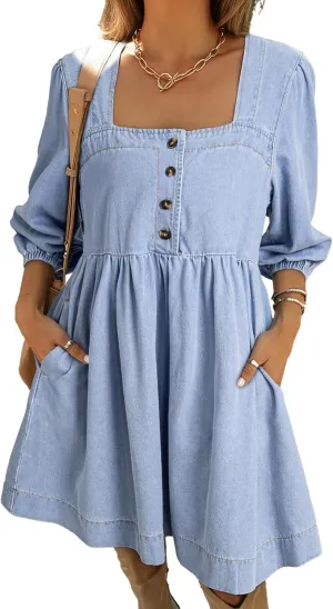 Sidefeel Women's Spring Outfit Denim Dress 3/4 Sleeve Loose Fit Square Neck Summer Jean Dresses with Pockets