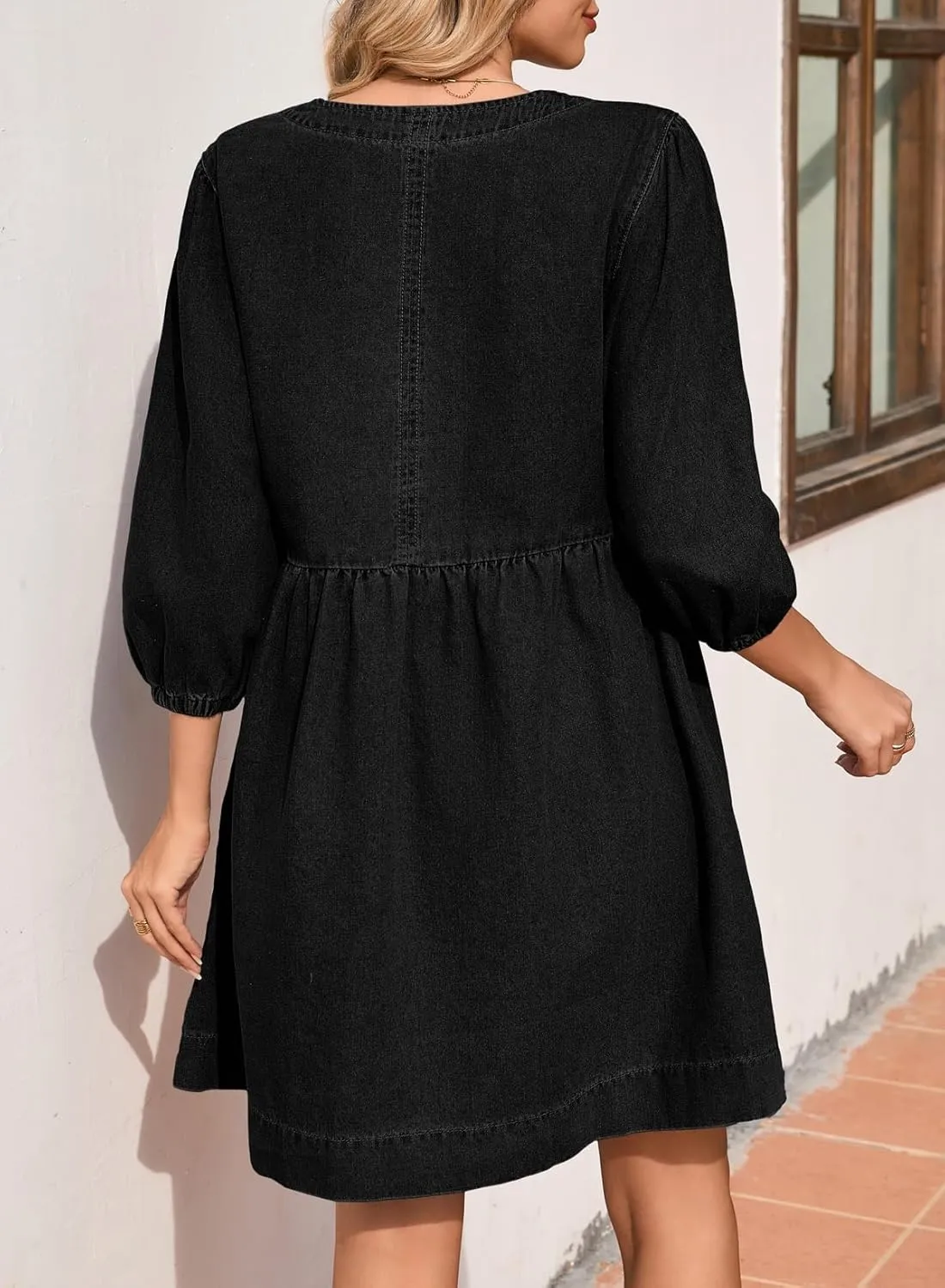 Sidefeel Women's Spring Outfit Denim Dress 3/4 Sleeve Loose Fit Square Neck Summer Jean Dresses with Pockets