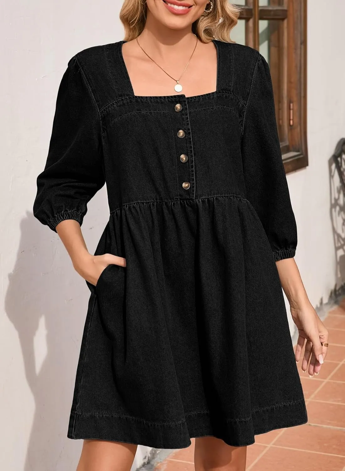 Sidefeel Women's Spring Outfit Denim Dress 3/4 Sleeve Loose Fit Square Neck Summer Jean Dresses with Pockets