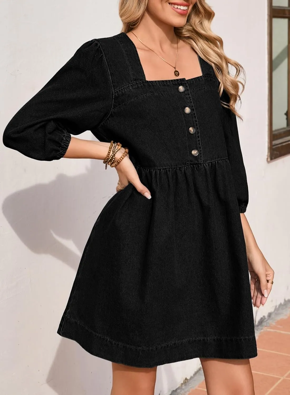 Sidefeel Women's Spring Outfit Denim Dress 3/4 Sleeve Loose Fit Square Neck Summer Jean Dresses with Pockets