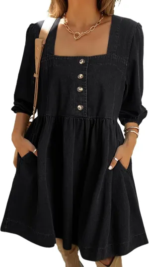 Sidefeel Women's Spring Outfit Denim Dress 3/4 Sleeve Loose Fit Square Neck Summer Jean Dresses with Pockets