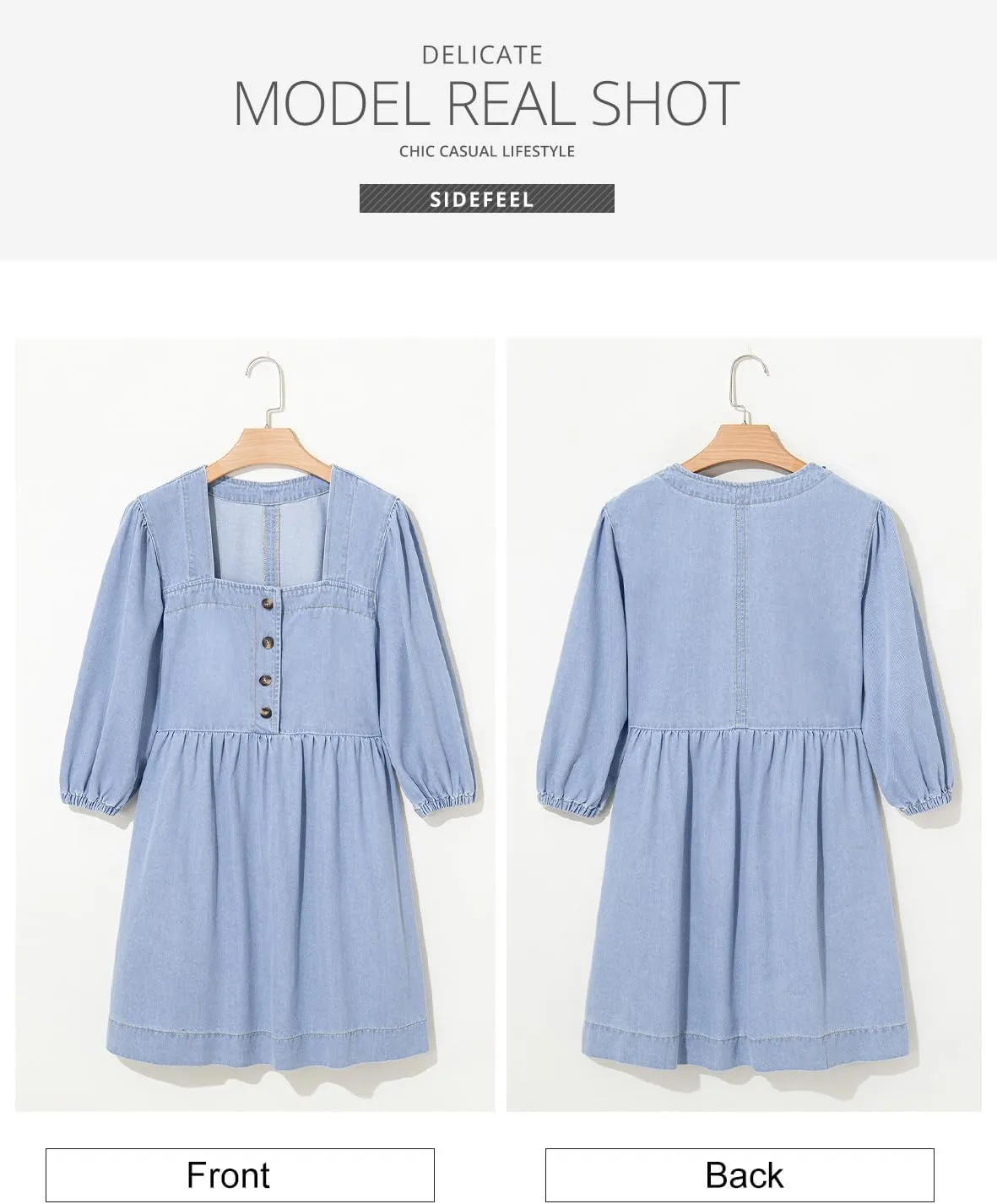 Sidefeel Women's Spring Outfit Denim Dress 3/4 Sleeve Loose Fit Square Neck Summer Jean Dresses with Pockets