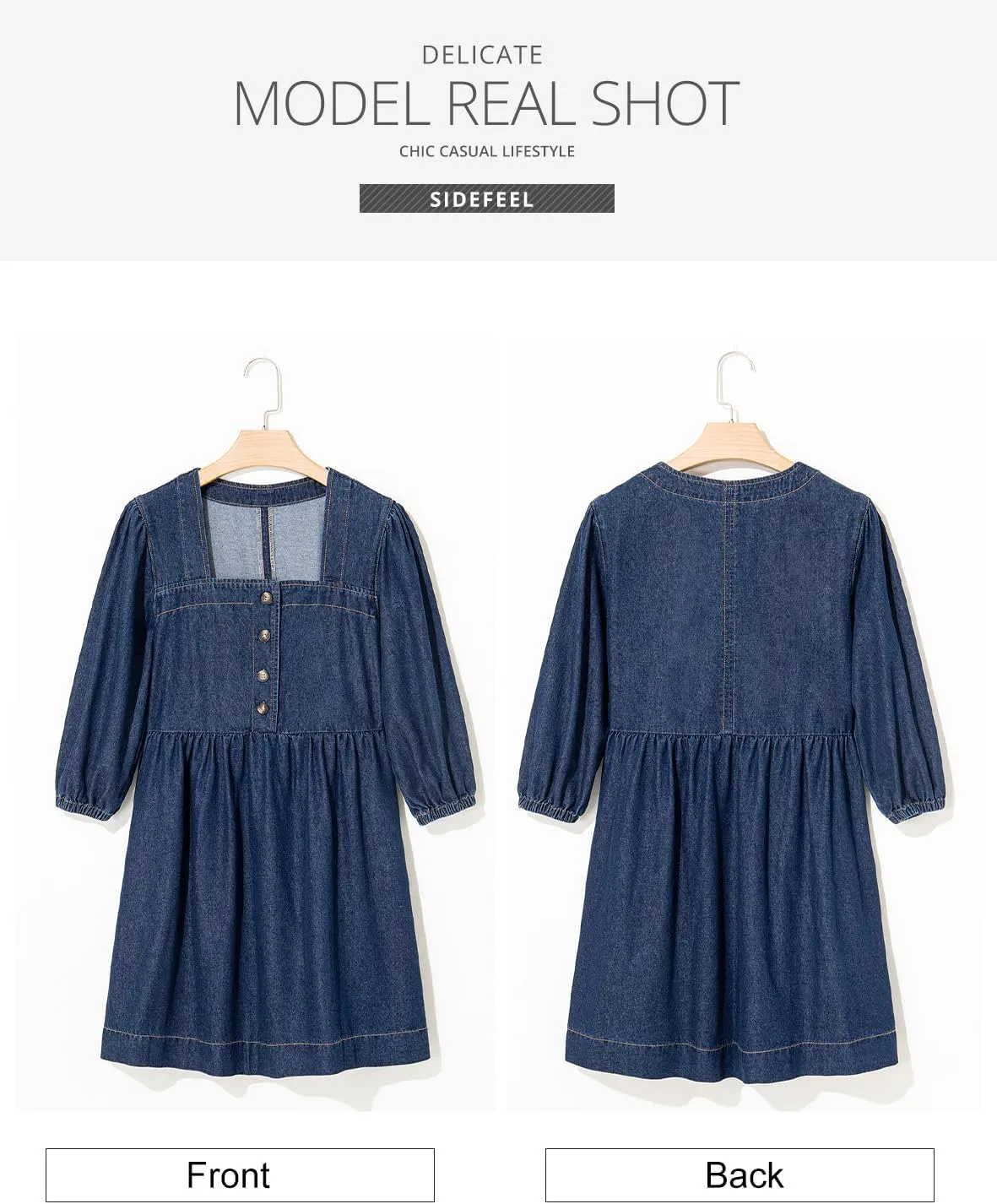 Sidefeel Women's Spring Outfit Denim Dress 3/4 Sleeve Loose Fit Square Neck Summer Jean Dresses with Pockets