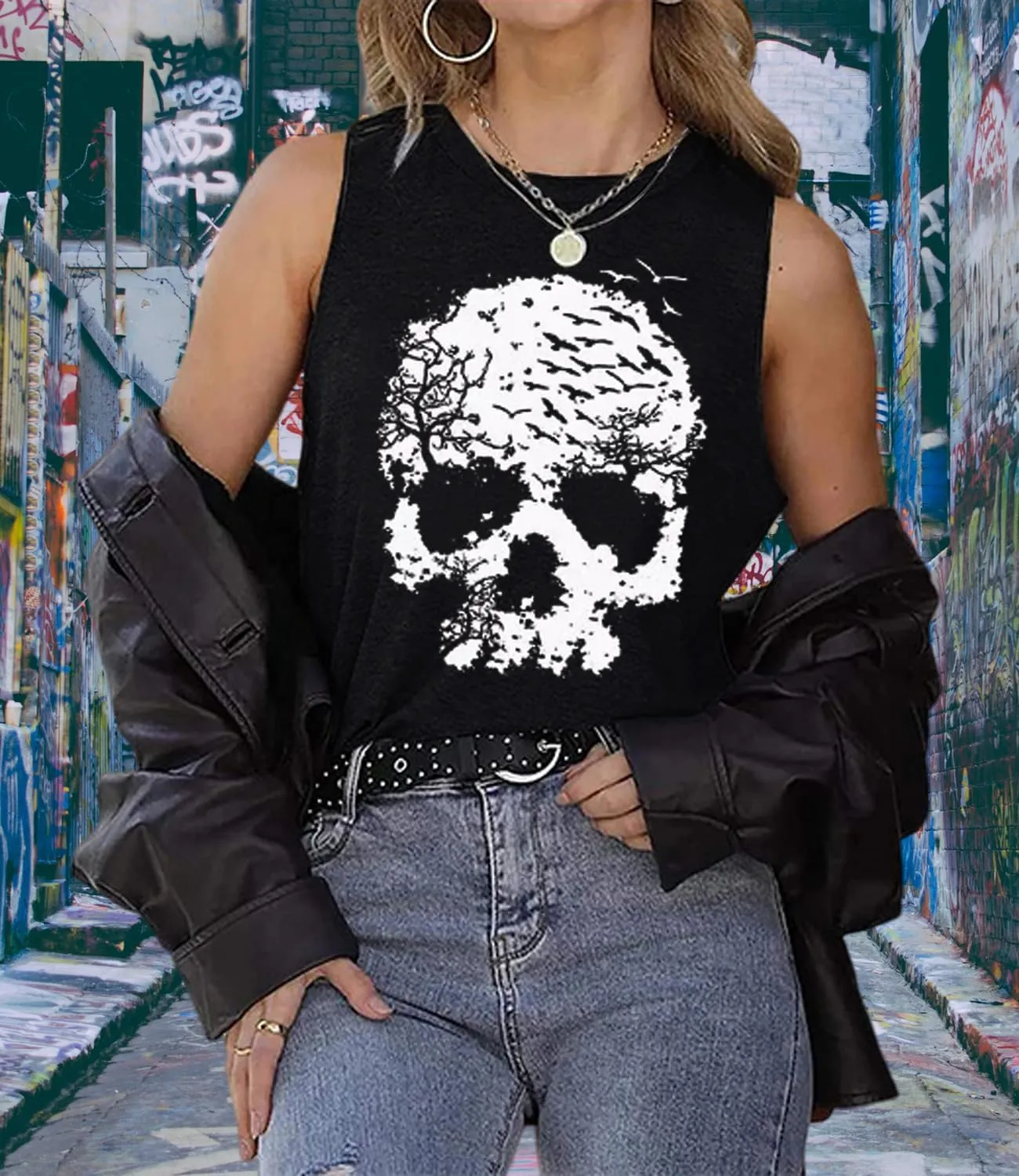 Skull Shirts for Women Funny Gothic Graphic T-Shirts Novelty Horror Tee Casual Athletic Tops