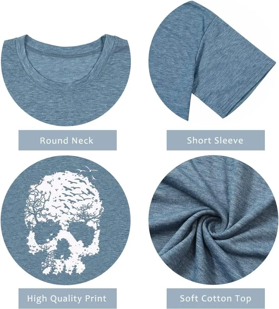 Skull Shirts for Women Funny Gothic Graphic T-Shirts Novelty Horror Tee Casual Athletic Tops