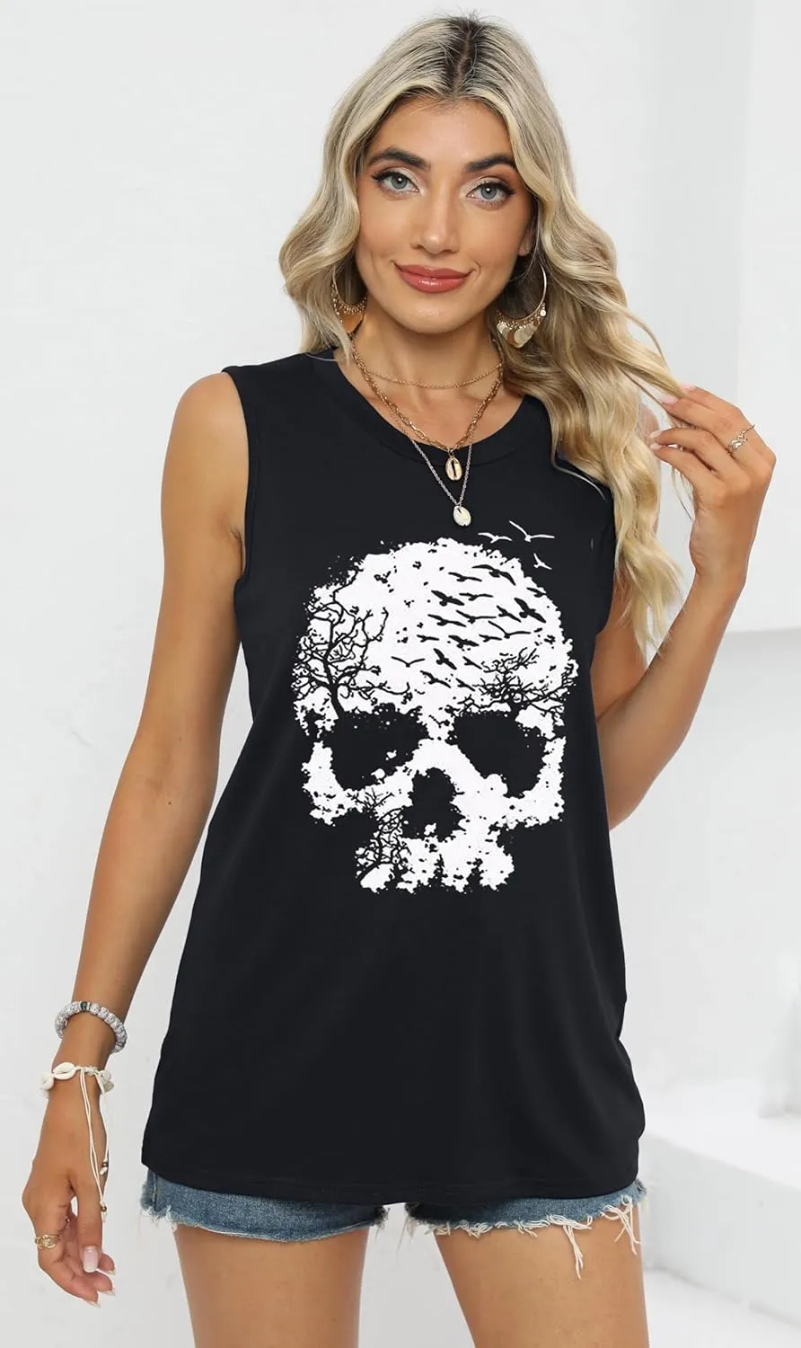 Skull Shirts for Women Funny Gothic Graphic T-Shirts Novelty Horror Tee Casual Athletic Tops