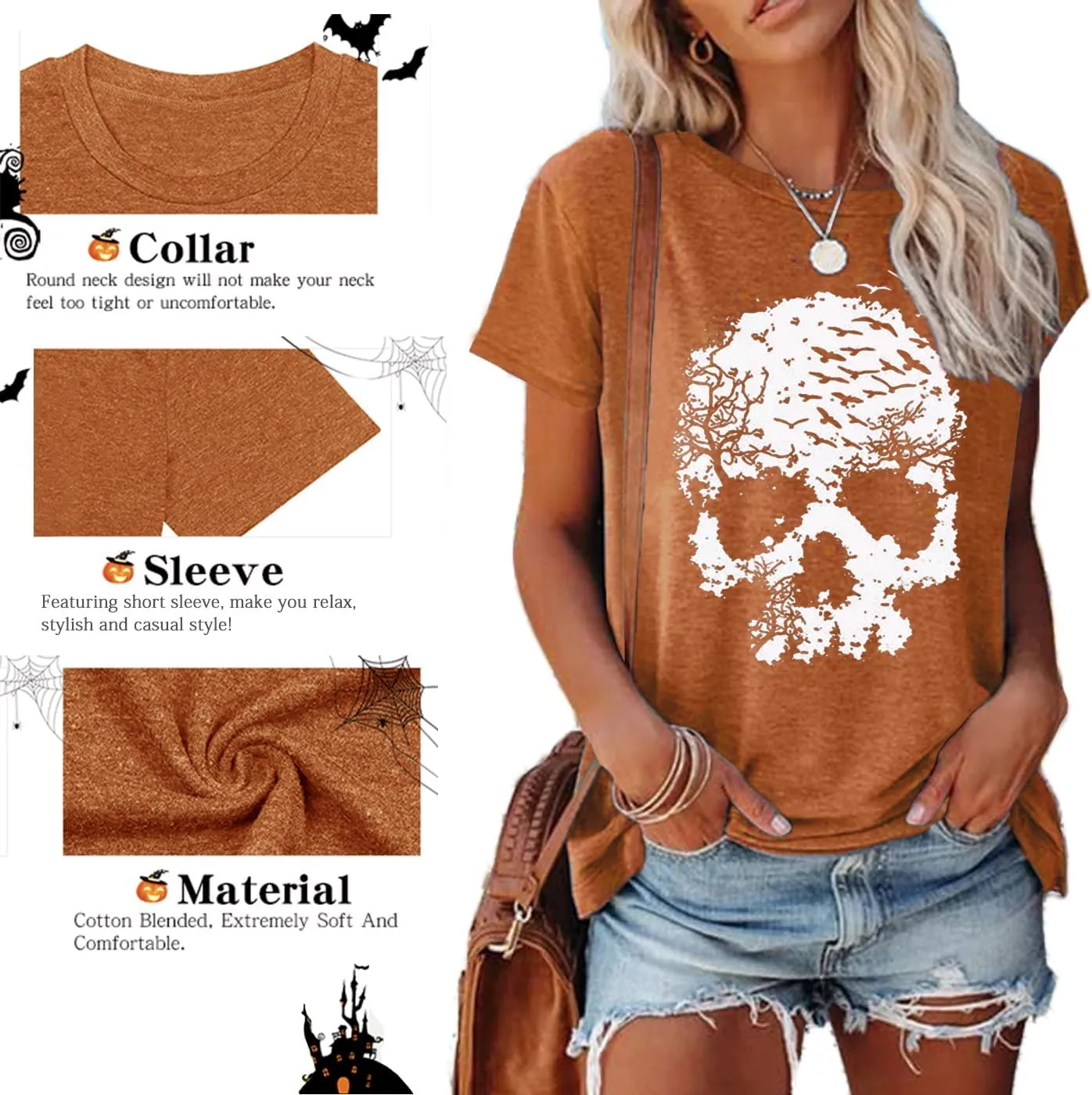 Skull Shirts for Women Funny Gothic Graphic T-Shirts Novelty Horror Tee Casual Athletic Tops