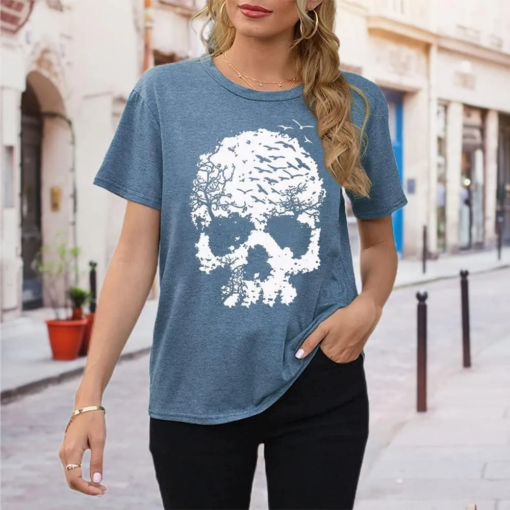 Skull Shirts for Women Funny Gothic Graphic T-Shirts Novelty Horror Tee Casual Athletic Tops