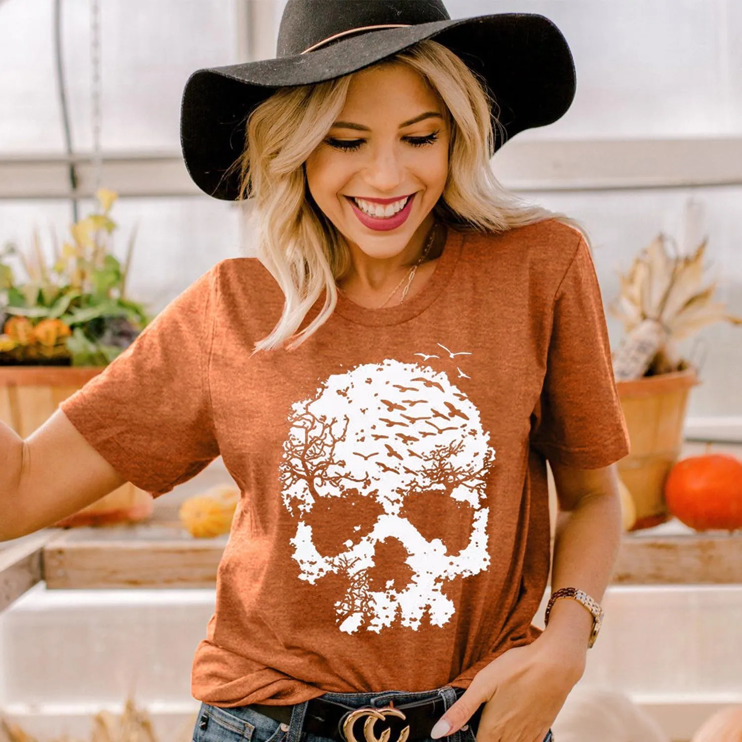 Skull Shirts for Women Funny Gothic Graphic T-Shirts Novelty Horror Tee Casual Athletic Tops