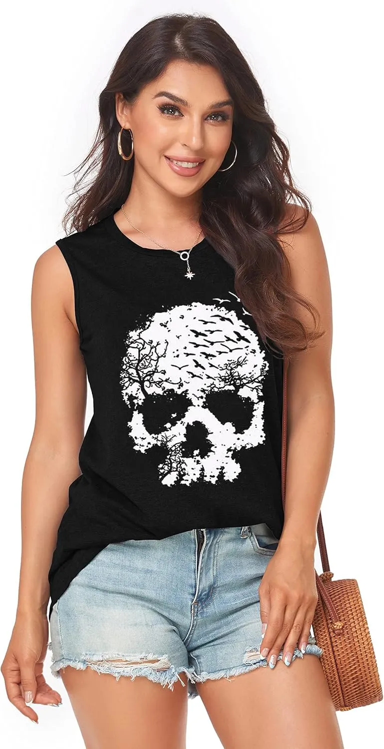 Skull Shirts for Women Funny Gothic Graphic T-Shirts Novelty Horror Tee Casual Athletic Tops
