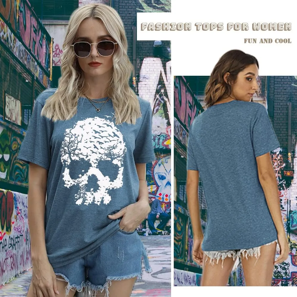 Skull Shirts for Women Funny Gothic Graphic T-Shirts Novelty Horror Tee Casual Athletic Tops
