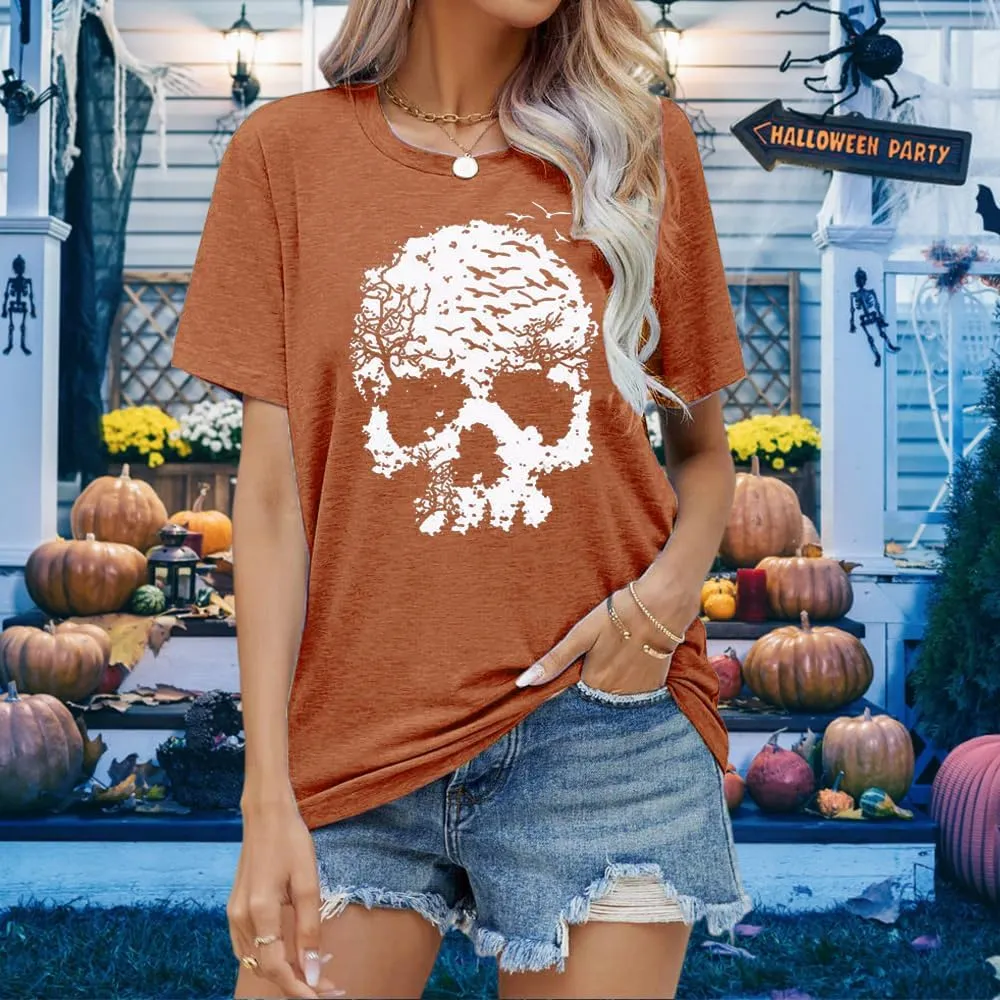 Skull Shirts for Women Funny Gothic Graphic T-Shirts Novelty Horror Tee Casual Athletic Tops