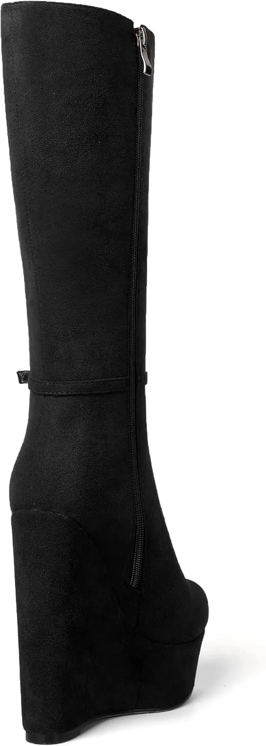SKYSTERRY Womens Suede Party Round Toe Fashion Platform Zip Wedge High Heel Mid Calf Boots 6 Inch