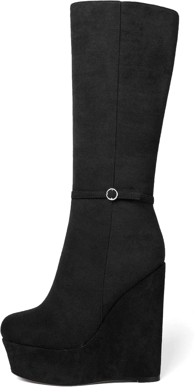 SKYSTERRY Womens Suede Party Round Toe Fashion Platform Zip Wedge High Heel Mid Calf Boots 6 Inch