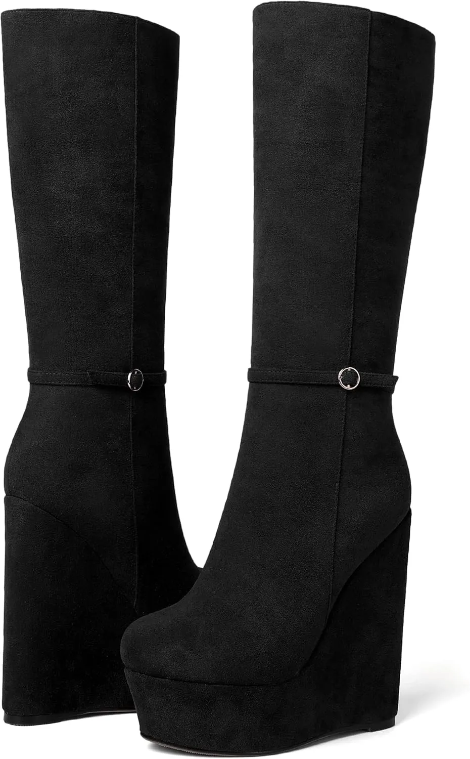 SKYSTERRY Womens Suede Party Round Toe Fashion Platform Zip Wedge High Heel Mid Calf Boots 6 Inch