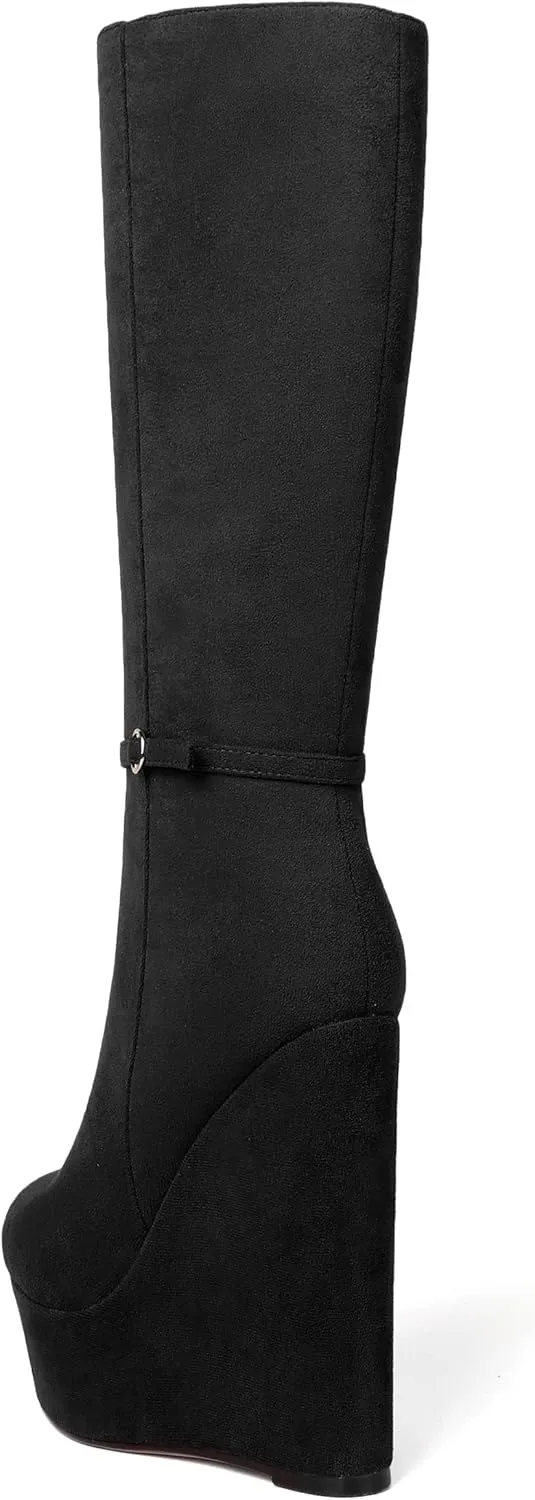 SKYSTERRY Womens Suede Party Round Toe Fashion Platform Zip Wedge High Heel Mid Calf Boots 6 Inch