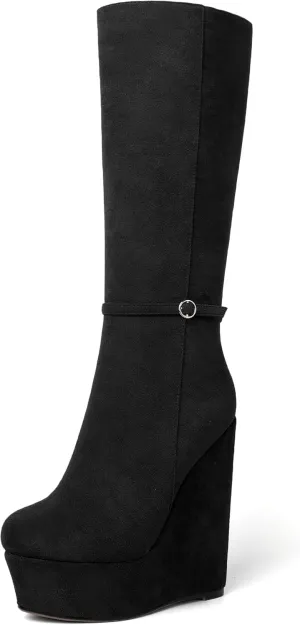 SKYSTERRY Womens Suede Party Round Toe Fashion Platform Zip Wedge High Heel Mid Calf Boots 6 Inch