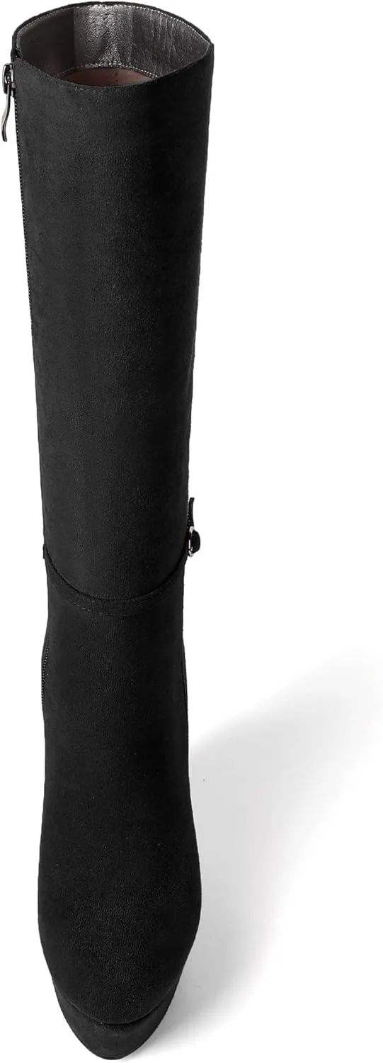 SKYSTERRY Womens Suede Party Round Toe Fashion Platform Zip Wedge High Heel Mid Calf Boots 6 Inch