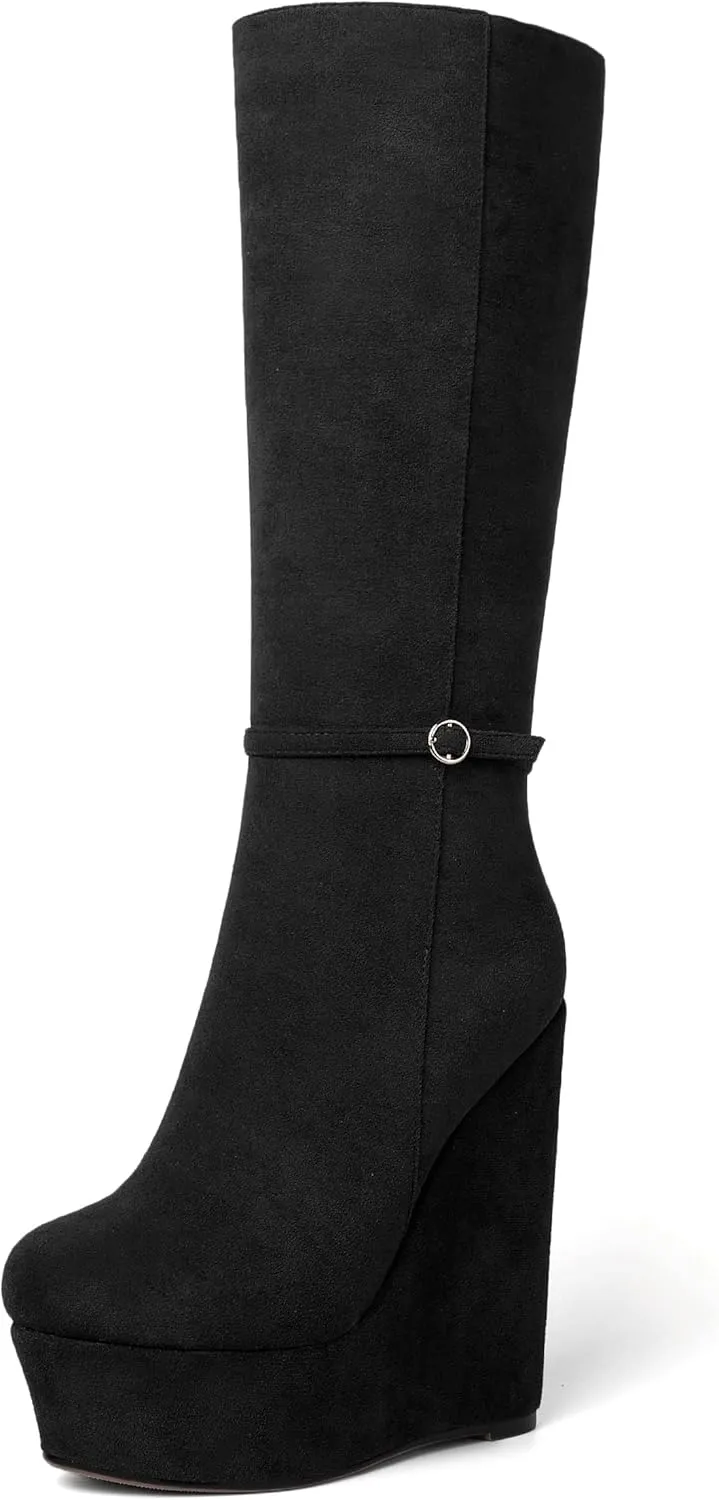 SKYSTERRY Womens Suede Party Round Toe Fashion Platform Zip Wedge High Heel Mid Calf Boots 6 Inch