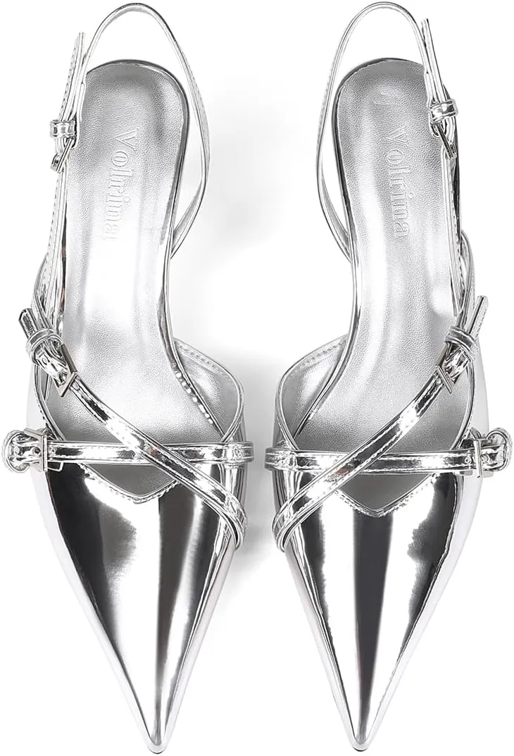 Slingback Kitten Heels Pointed Toe Buckle Straps Stiletto high Heeled Sandals Pump for Women Prom Party Dress Shoes