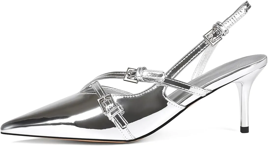 Slingback Kitten Heels Pointed Toe Buckle Straps Stiletto high Heeled Sandals Pump for Women Prom Party Dress Shoes