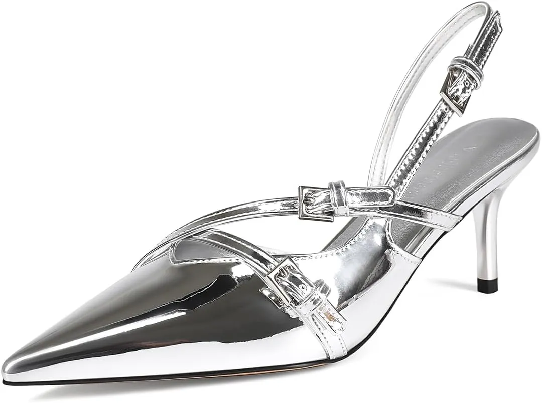 Slingback Kitten Heels Pointed Toe Buckle Straps Stiletto high Heeled Sandals Pump for Women Prom Party Dress Shoes