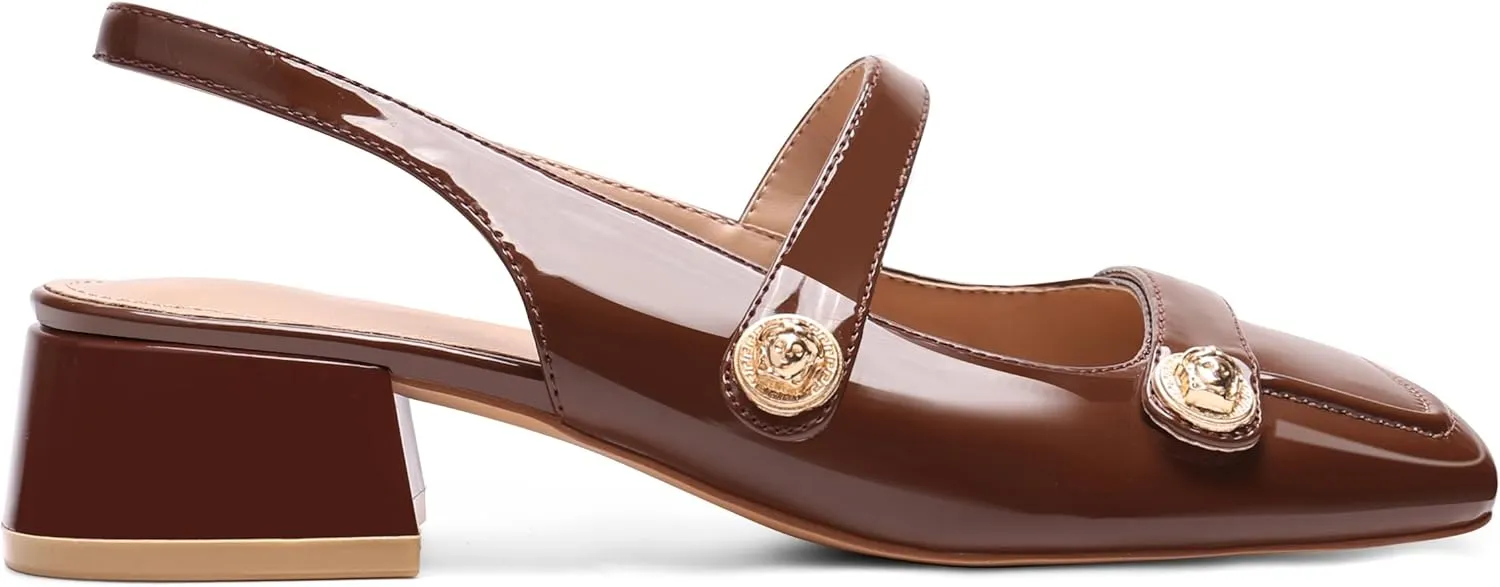 Slingback Mary Jane Heels for Women Low Block Heel Closed Square Toe Pump Shoes Heels Classic Daily Office Dressy Shoes