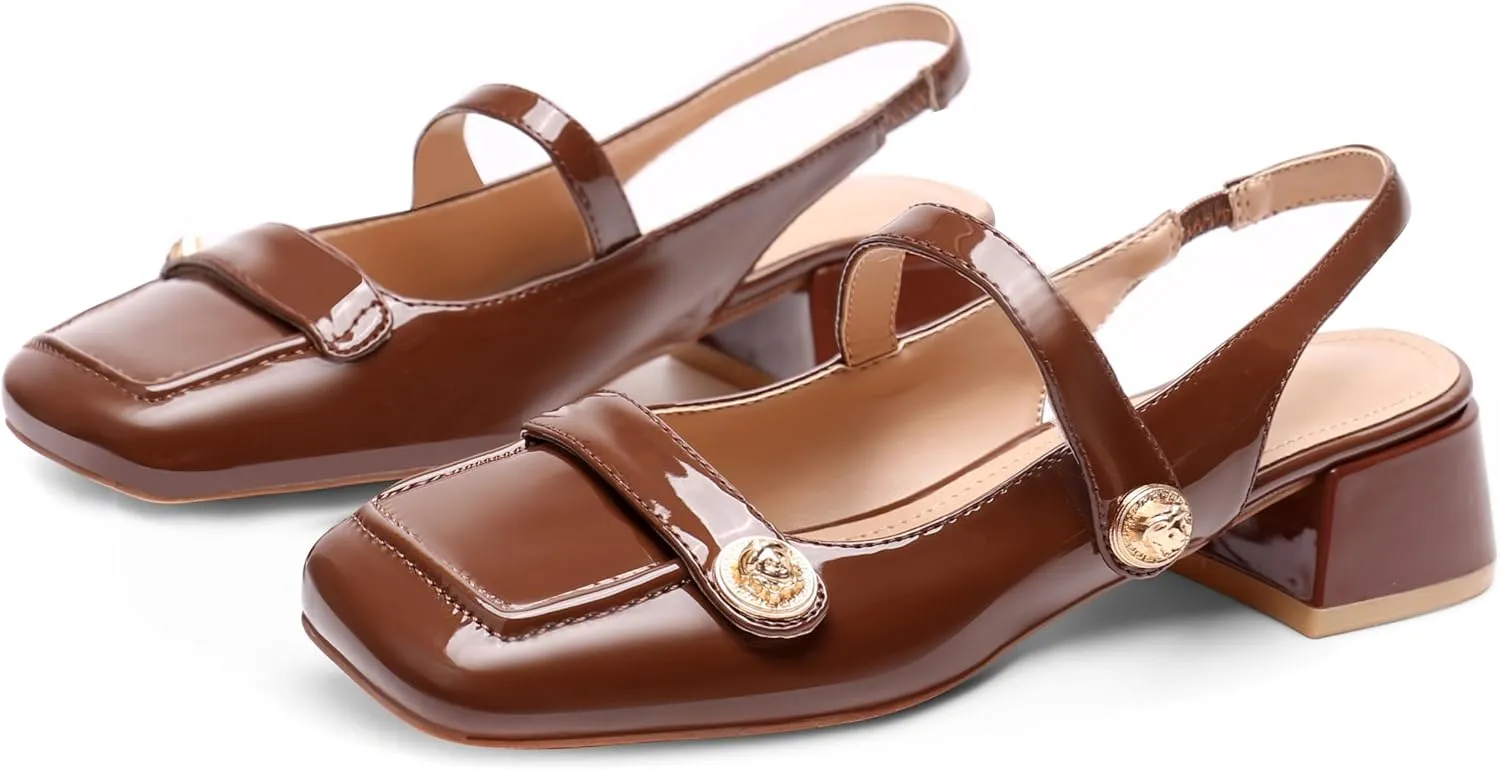 Slingback Mary Jane Heels for Women Low Block Heel Closed Square Toe Pump Shoes Heels Classic Daily Office Dressy Shoes
